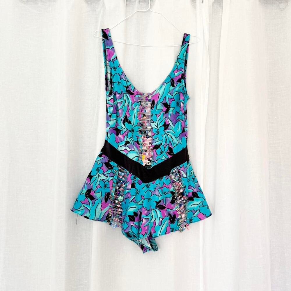 ✶ vintage 80’s swim suit romper with beaded safety pins ✶